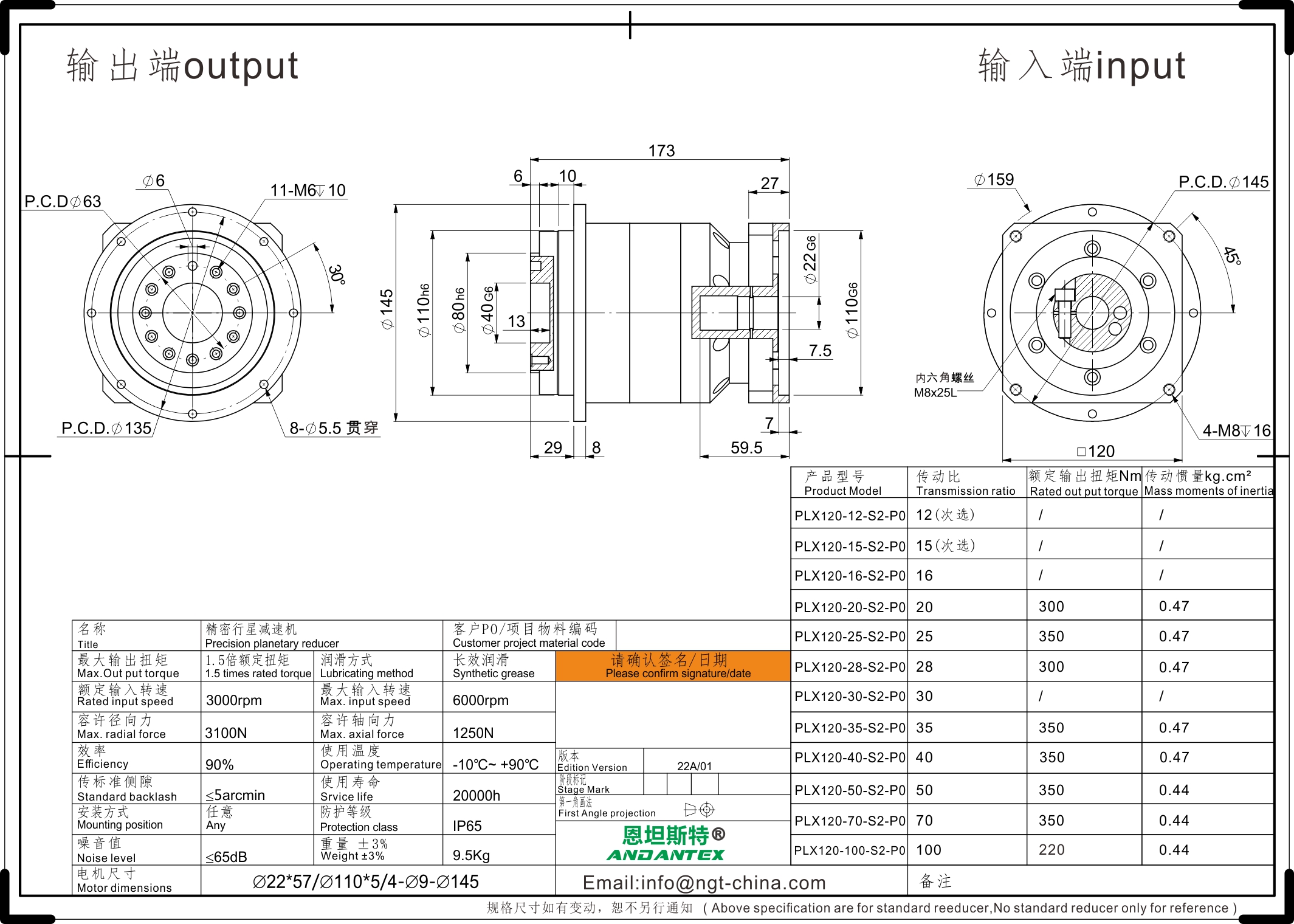 Precision Disc Output Flange ReducerPLX120-L2-22-110-145